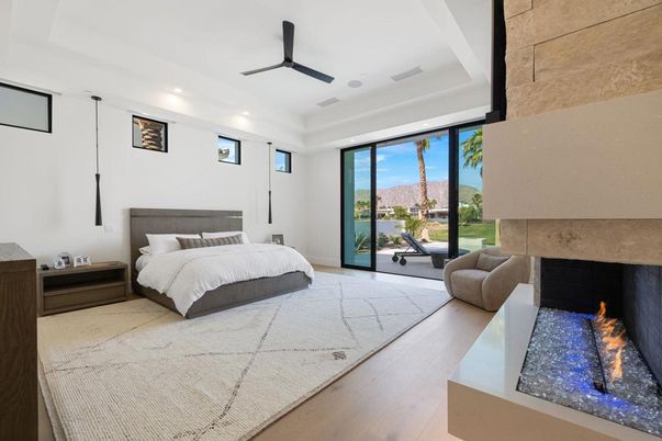 Bedroom, Fireplace, Interior, Recessed Lighting, Wood Texture Flooring