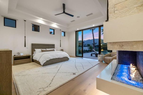 Bedroom, Fireplace, Interior, Recessed Lighting, Wood Texture Flooring