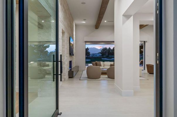 Fireplace, Interior, Living room, Recessed Lighting, Stone Walls, Wooden Beams