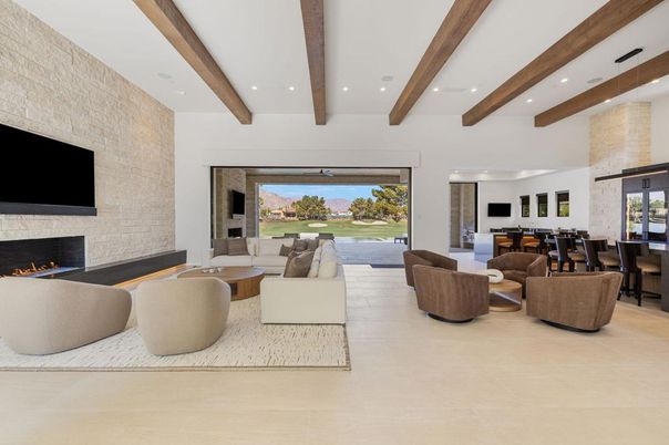 Dining room, Fireplace, Interior, Living room, Recessed Lighting, Stone Walls, Wooden Beams
