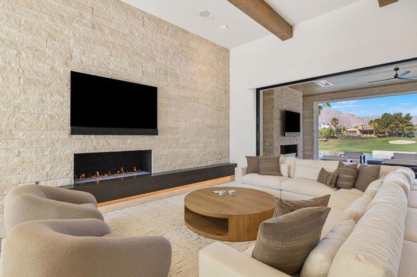 Fireplace, Interior, Living room, Recessed Lighting, Stone Walls, Wooden Beams