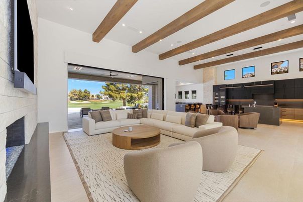 Dining room, Fireplace, Interior, Living room, Recessed Lighting, Wooden Beams