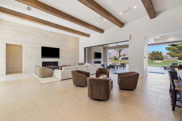 Fireplace, Interior, Living room, Recessed Lighting, Stone Walls, Wooden Beams