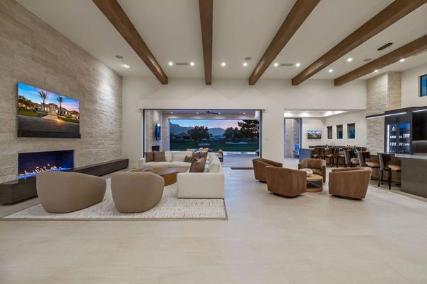Dining room, Fireplace, Interior, Living room, Recessed Lighting, Stone Walls, Wooden Beams