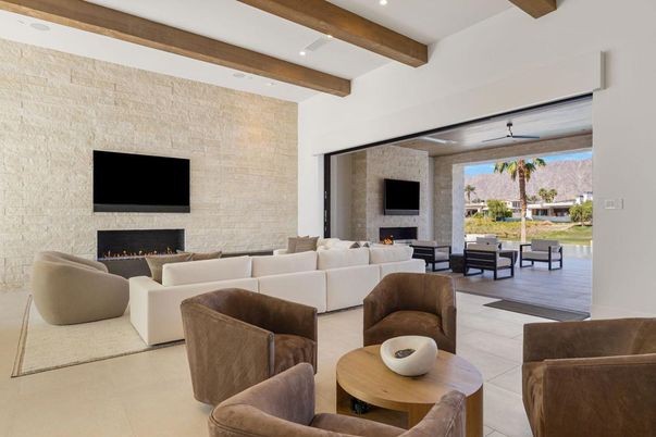 Fireplace, Interior, Living room, Recessed Lighting, Stone Walls, Wooden Beams