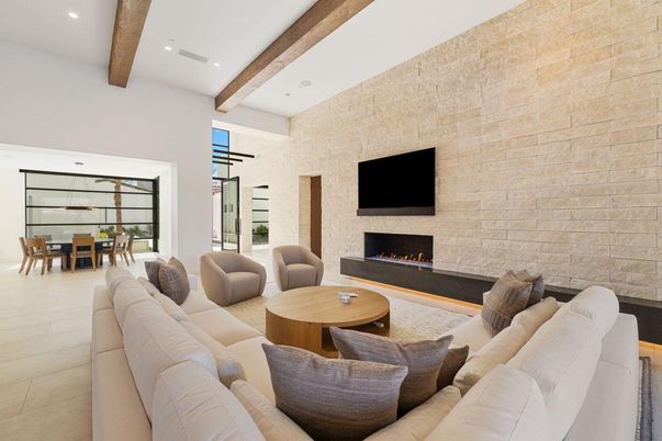 Dining room, Fireplace, Interior, Living room, Recessed Lighting, Stone Walls, Wooden Beams