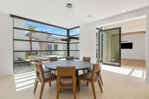 Dining room, Interior, Pendant Lights, Recessed Lighting, Wood Texture Flooring