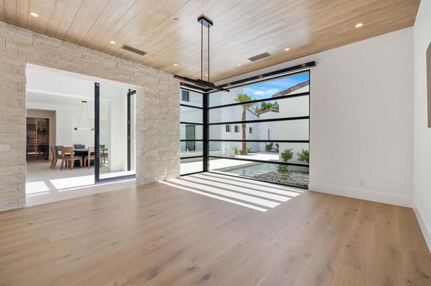Dining room, Interior, Pendant Lights, Recessed Lighting, Stone Walls, Wooden Ceilings, Wood Texture Flooring