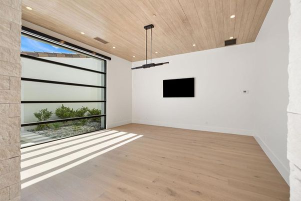 Empty room, Interior, Pendant Lights, Recessed Lighting, Wooden Ceilings, Wood Texture Flooring