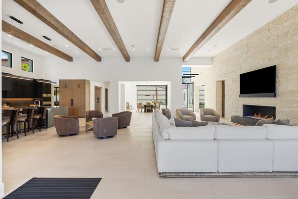 Dining room, Fireplace, Interior, Living room, Pendant Lights, Recessed Lighting, Stone Walls, Wooden Beams