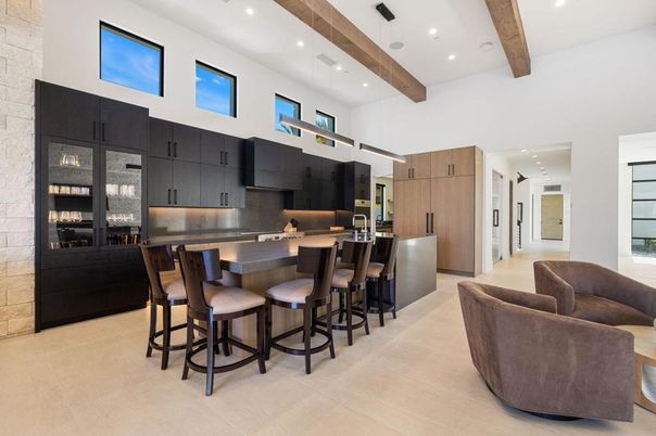Interior, Kitchen, Pendant Lights, Recessed Lighting, Stainless Steel Appliances, Stone Walls, Wooden Beams