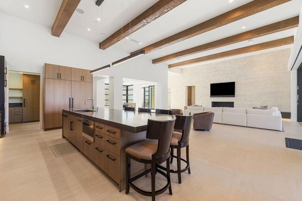 Fireplace, Interior, Kitchen, Living room, Pendant Lights, Recessed Lighting, Wooden Beams