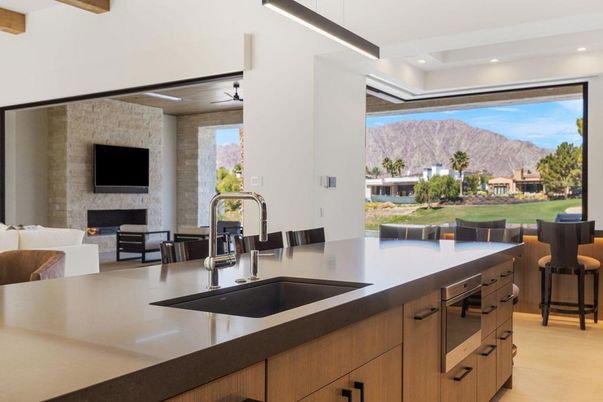 Fireplace, Interior, Kitchen, Living room, Recessed Lighting, Stone Walls
