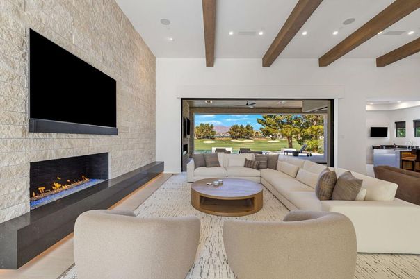 Fireplace, Interior, Living room, Recessed Lighting, Stone Walls, Wooden Beams