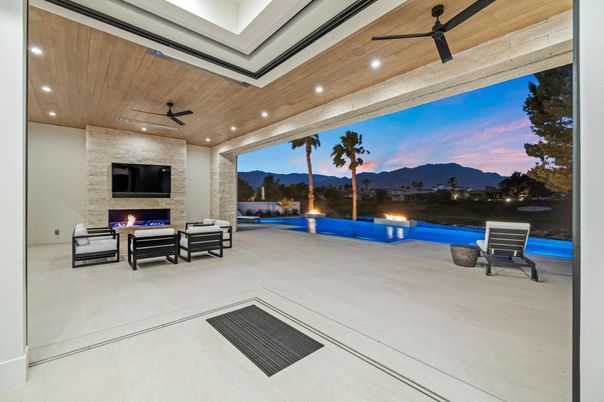 Fireplace, Interior, Living room, Pool, Recessed Lighting, Wooden Ceilings