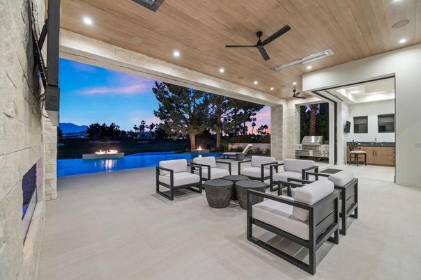 Exterior, Fireplace, Living room, Pool, Recessed Lighting
