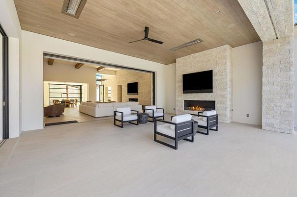 Fireplace, Interior, Living room, Recessed Lighting, Stone Walls, Wooden Ceilings