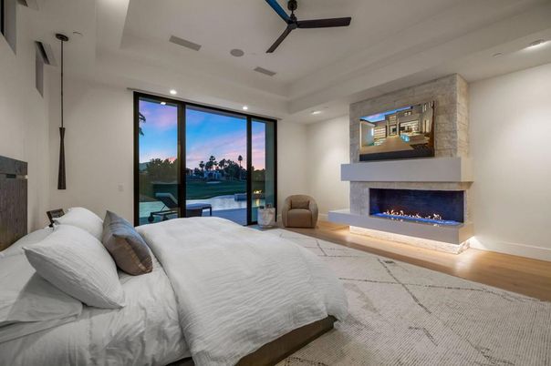 Bedroom, Fireplace, Interior, Recessed Lighting, Water, Wood Texture Flooring