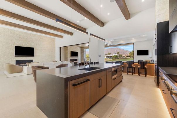Dining room, Fireplace, Interior, Kitchen, Living room, Pendant Lights, Recessed Lighting, Wooden Beams