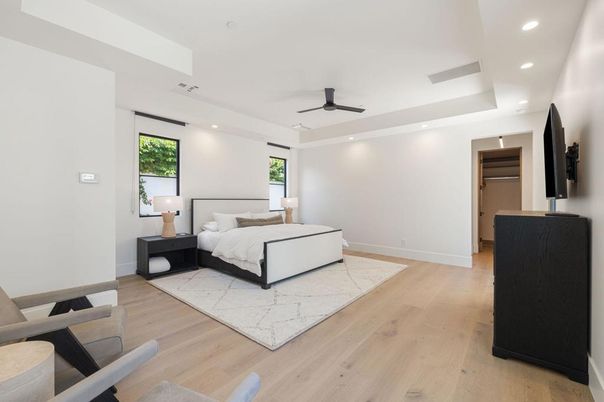 Bedroom, Interior, Recessed Lighting, Wood Texture Flooring