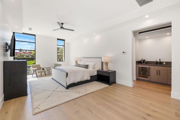 Bedroom, Interior, Recessed Lighting, Wood Texture Flooring