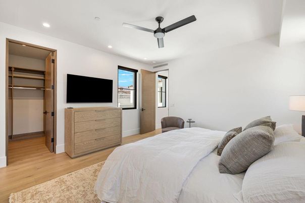 Bedroom, Interior, Recessed Lighting, Wood Texture Flooring