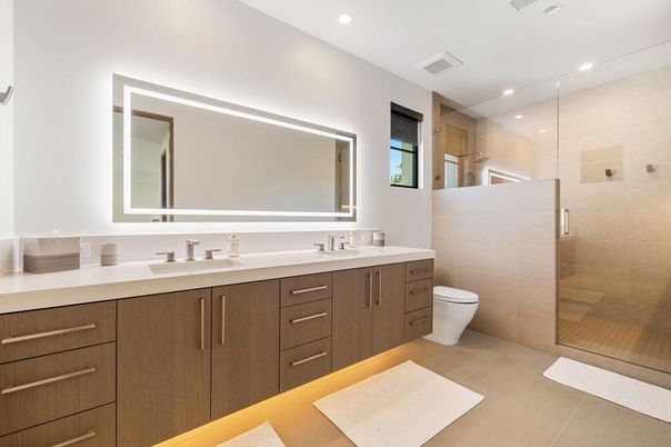 Bathroom, Dual Sink Vanities, Glass Shower, Interior, Recessed Lighting