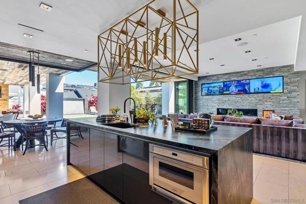 Dining room, Fireplace, Interior, Kitchen, Recessed Lighting, Stainless Steel Appliances, Stone Walls