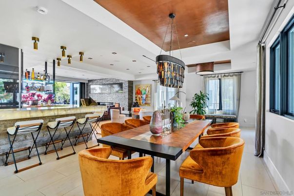 Dining room, Interior, Pendant Lights, Recessed Lighting, Stone Walls