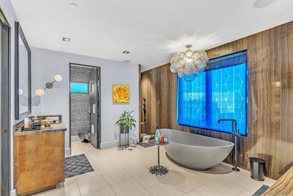 Bathroom, Free Standing Baths, Interior, Recessed Lighting, Wooden Walls