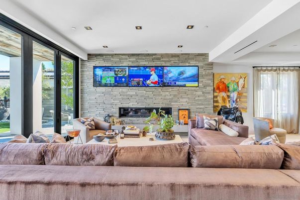 Fireplace, Interior, Living room, Recessed Lighting, Stone Walls