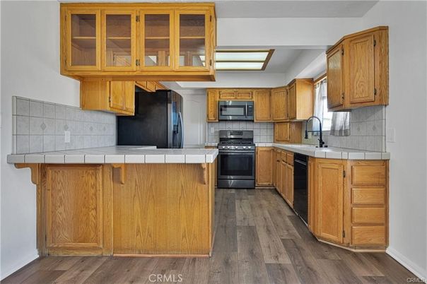 Interior, Kitchen, Tile Countertops, Wood Texture Flooring