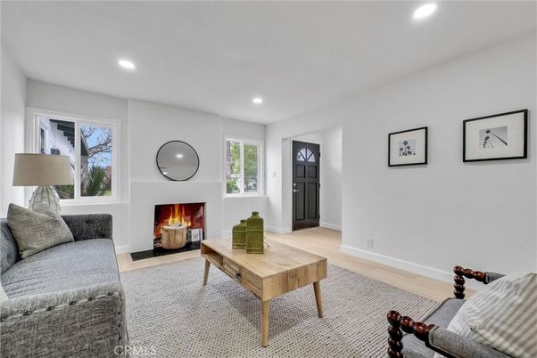 Fireplace, Interior, Living room, Recessed Lighting, Wood Texture Flooring
