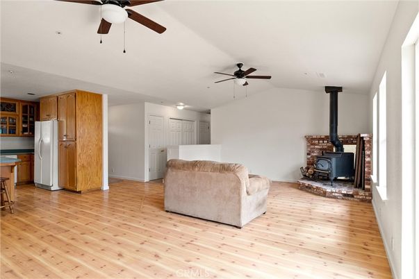 Fireplace, Interior, Kitchen, Stone Walls, Wood Texture Flooring
