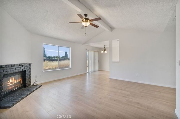 Empty room, Fireplace, Interior, Pendant Lights, Wood Texture Flooring