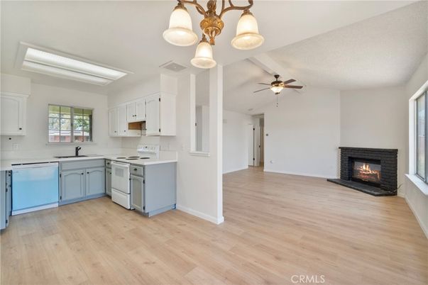 Empty room, Fireplace, Interior, Kitchen, Wood Texture Flooring