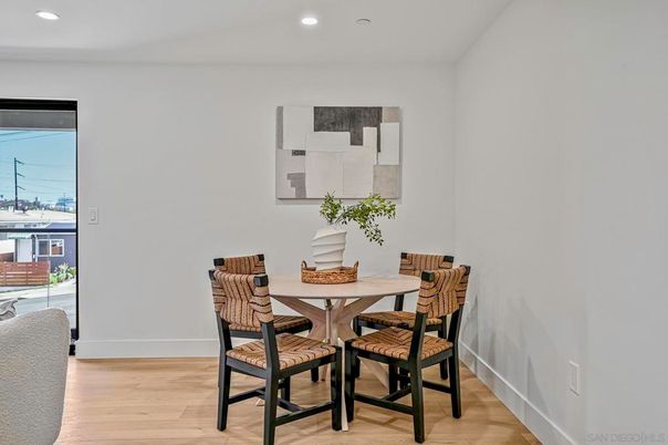 Dining room, Interior, Recessed Lighting, Wood Texture Flooring