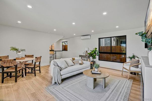 Dining room, Interior, Living room, Recessed Lighting, Wood Texture Flooring