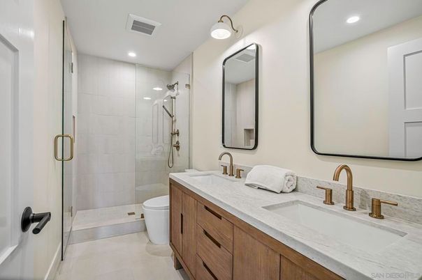 Bathroom, Dual Sink Vanities, Glass Shower, Interior, Recessed Lighting