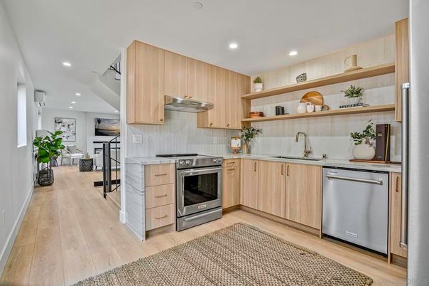 Interior, Kitchen, Recessed Lighting, Stainless Steel Appliances, Wood Texture Flooring
