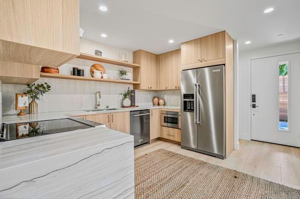 Interior, Kitchen, Recessed Lighting, Stainless Steel Appliances, Wood Texture Flooring