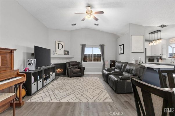 Fireplace, Interior, Kitchen, Living room, Pendant Lights, Piano, Wood Texture Flooring