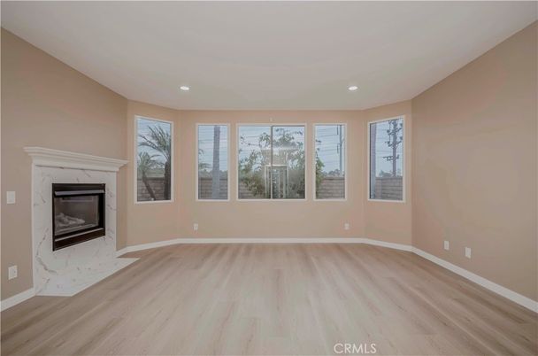 Empty room, Fireplace, Interior, Recessed Lighting, Wood Texture Flooring