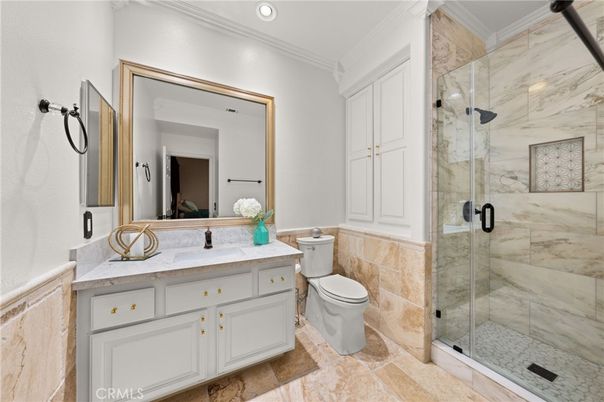 Bathroom, Glass Shower, Interior, Marble Walls, Recessed Lighting