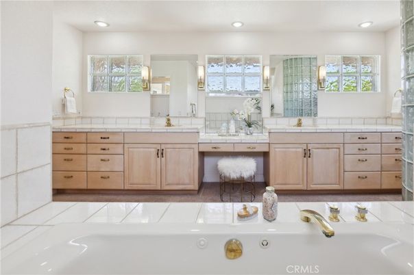 Bathroom, Dual Sink Vanities, Interior, Recessed Lighting, Tile Countertops