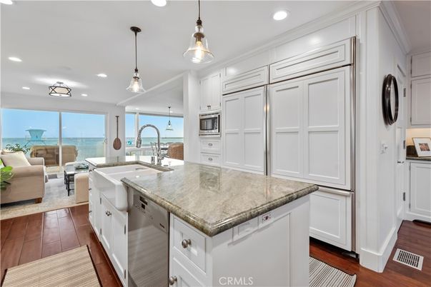 Interior, Kitchen, Living room, Pendant Lights, Recessed Lighting, Stainless Steel Appliances, Water, Wood Texture Flooring