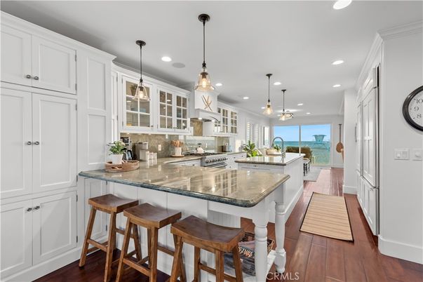 Interior, Kitchen, Pendant Lights, Recessed Lighting, Stainless Steel Appliances, Water, Wood Texture Flooring