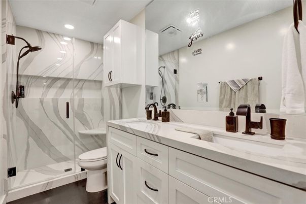 Bathroom, Dual Sink Vanities, Glass Shower, Interior, Recessed Lighting