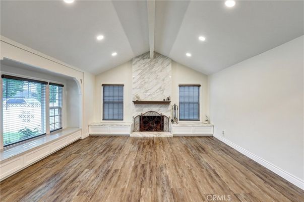 Empty room, Fireplace, Interior, Recessed Lighting, Wood Texture Flooring