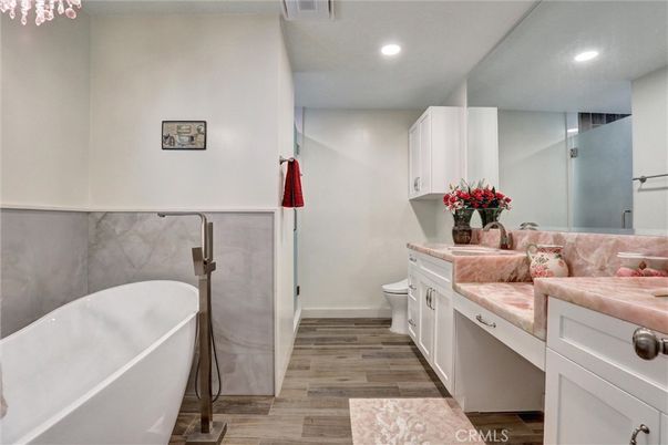 Bathroom, Free Standing Baths, Interior, Recessed Lighting, Wood Texture Flooring